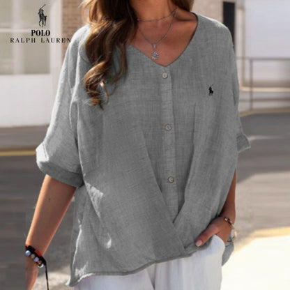 🇫🇷 Chemise en lin à col en V et volant pour femme Ralph Lauren